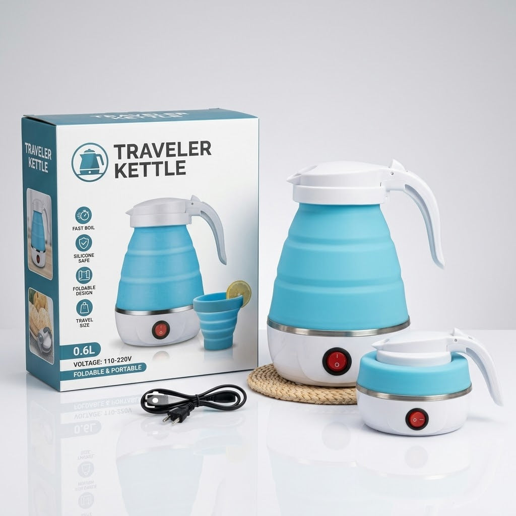 Portable Collapsible Silicone Travel Electric Kettle (600ml) – Foldable Camping & Hotel Water Boiler with Cup