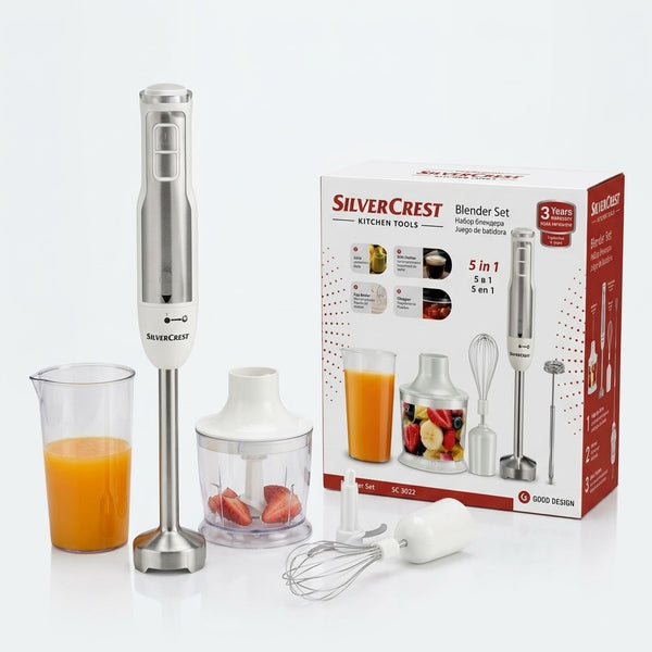 SilverCrest 5-in-1 Hand Blender Set (SC-7022) – Whisk, Food Chopper, Beaker & Immersion Stick (German Design)