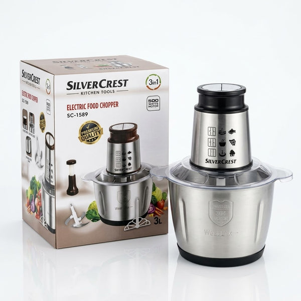 SilverCrest 3.0L Electric Food Chopper 3-in-1 (SC-1589) – 4 Stainless Steel Blades with Pure Copper Motor