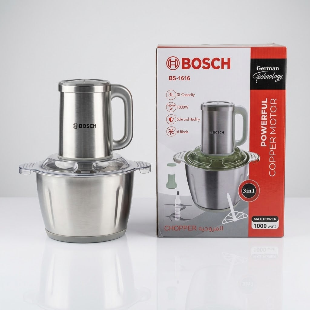Bosch BS-1616 1000W Pure Copper Motor Food Chopper 3-in-1 – Heavy Duty Stainless Steel Mincer