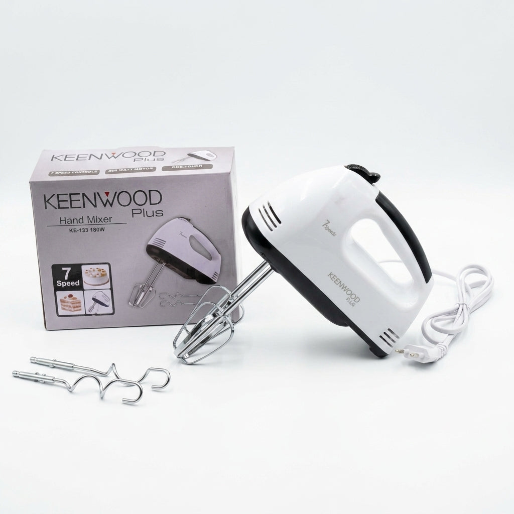 Keenwood Plus Electric Hand Mixer (KE-133) – 7 Speed 180W Motor with Stainless Steel Beaters & Dough Hooks