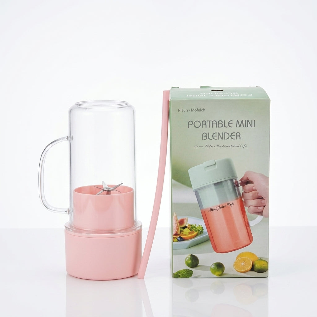 Portable Mini USB Rechargeable Juicer Blender Cup Pastel Pink with Straw and Box