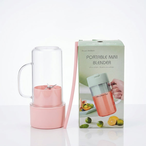 Portable Mini USB Rechargeable Blender Juicer Cup (Pastel Pink) – 6-Blade Fresh Fruit & Smoothie Maker with Straw